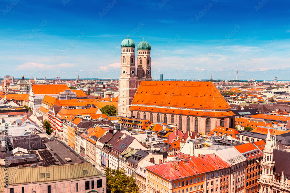 Naklejka premium Aerial bird eye view of famous Frauenkirche church in Munich, travel destinations in Bavaria concept