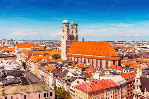 Aerial bird eye view of famous Frauenkirche church in Munich, travel destinations in Bavaria concept photo