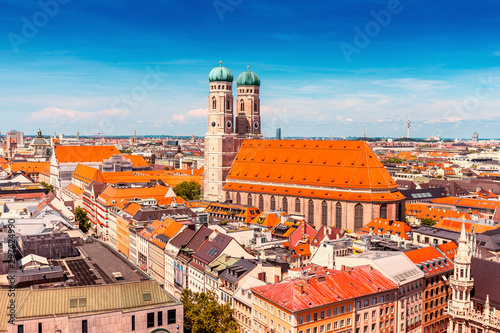Aerial bird eye view of famous Frauenkirche church in Munich, travel destinations in Bavaria concept