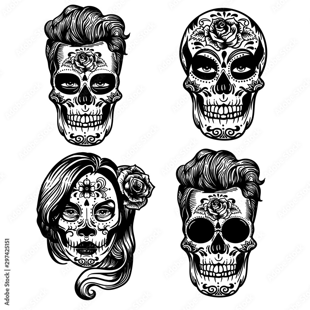 Vector hand drawn illustration of Day Of The Dead Skull and sugar skull girl. Skulls hipster, sugar flower. Skull tattoo punk style isolated on white. Stock Vector