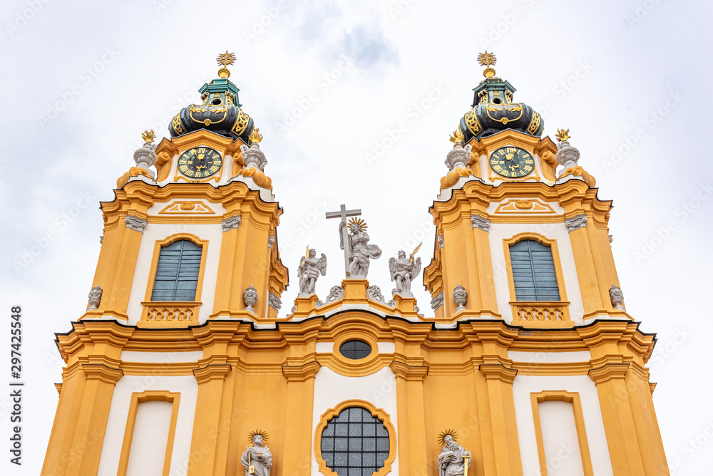 Fototapeta premium Melk Abbey Church. Main portal with two towers. Melk, Austria