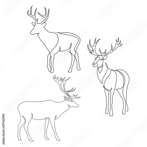 One line design silhouette of deer. Set of full height stags. Hand drawn single continuous line minimalism style vector illustration