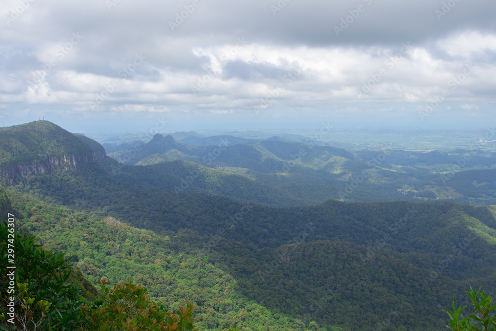 High Hilltop Lookout On A Overcast Moody Day Overlooking Lush Green Hills And Valley In Australia