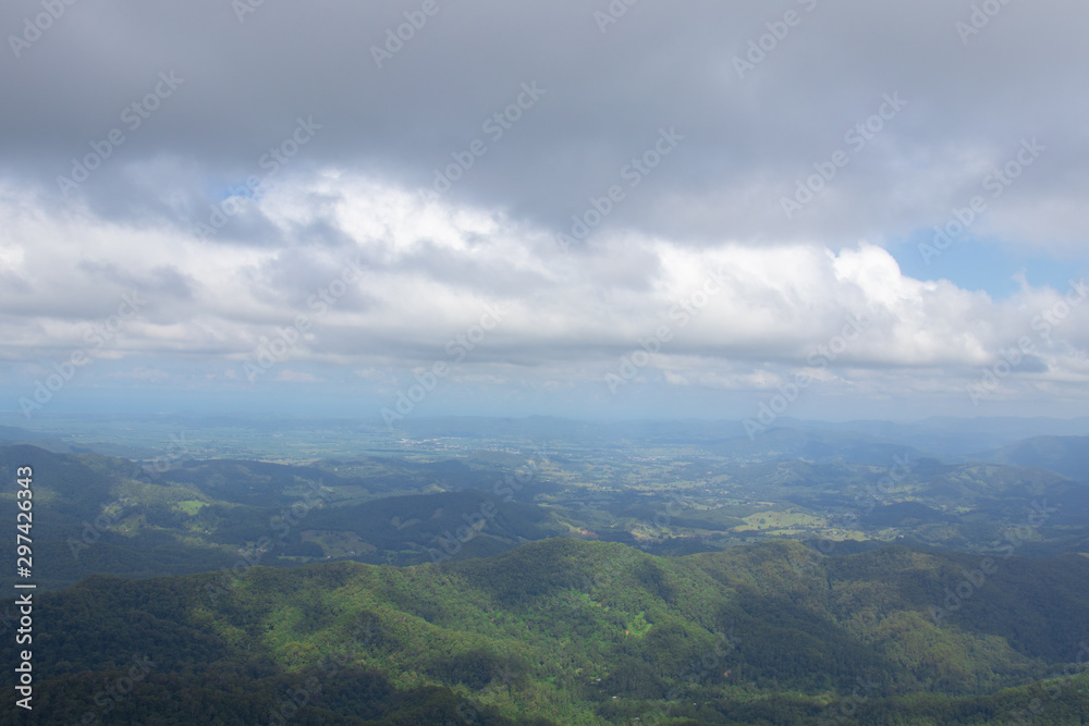 High Hilltop Lookout On A Overcast Moody Day Overlooking Lush Green Hills And Valley In Australia