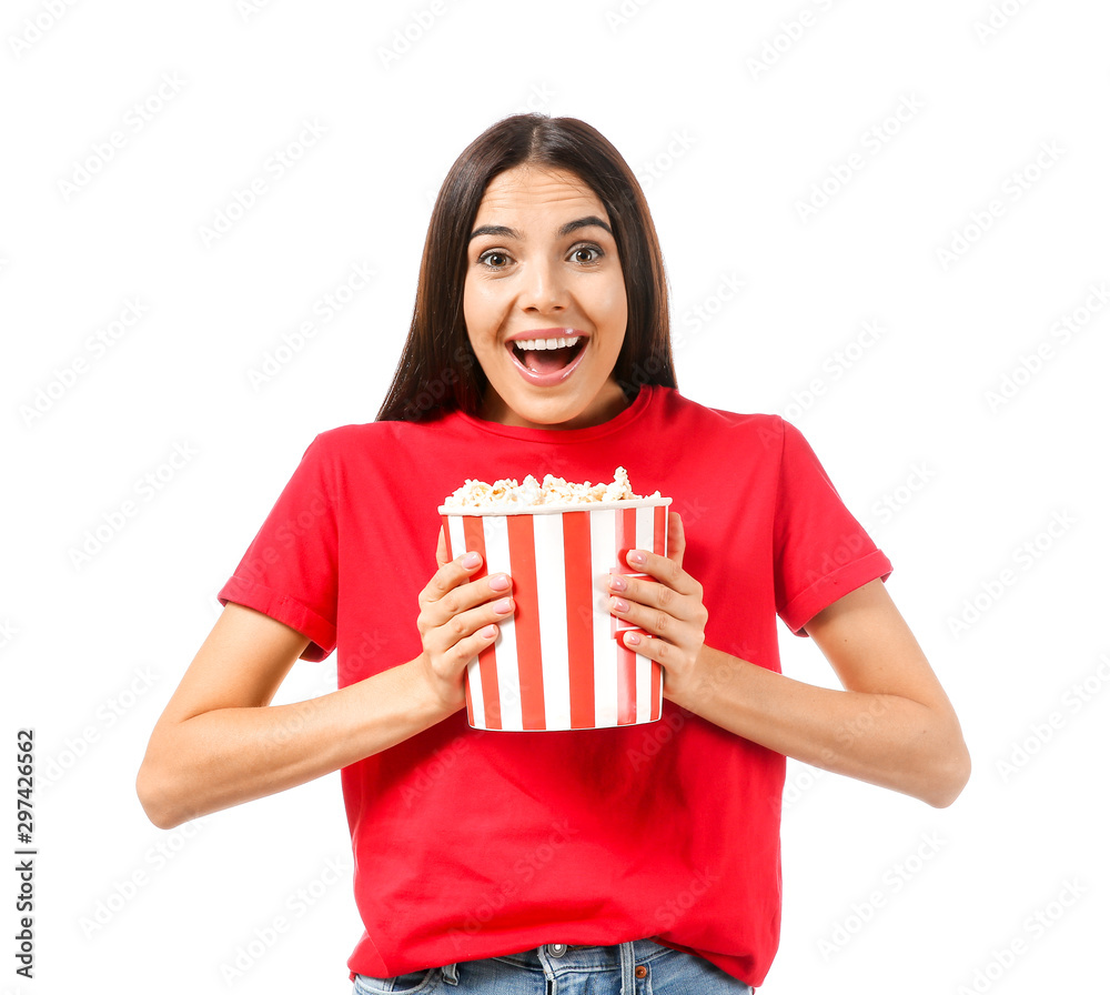 Surprised woman with popcorn on white background Surprised woman with popcorn on white background