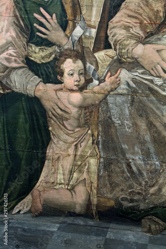 San Giovanni Battista bambino. Particolare dell adorazione dei Magi. Dipinto su soffitto in tavole di legno nella cappella di Castel Trostburg presso Ponte Gardena  Bolzano 