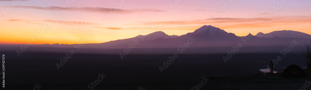 Panorama of Wrangell - St Elias National Park during colorful sunrise, Alaska Panorama of Wrangell - St Elias National Park during colorful sunrise, Alaska
