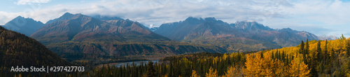 Panorama of fall colored mountains in Alaska during autumn 