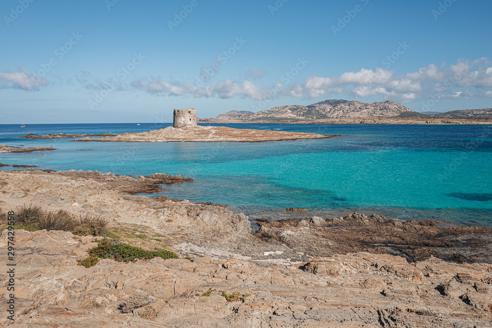 STINTINO, SARDINIA / OCTIBER 2019: View of the wonderful beach by the Asinara island