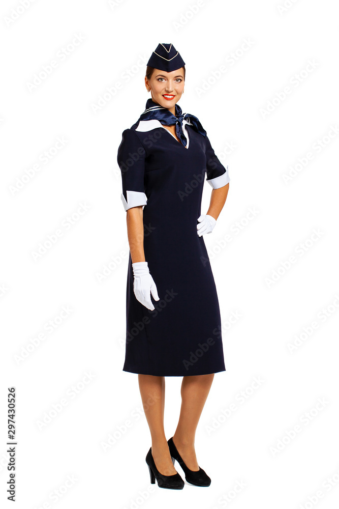 Young beautiful Russian stewardess in blue uniform Young beautiful Russian stewardess in blue uniform