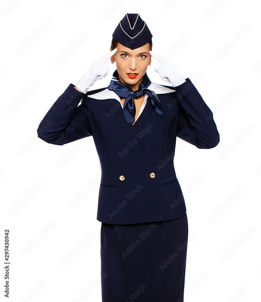 Young beautiful Russian stewardess in blue uniform Young beautiful Russian stewardess in blue uniform
