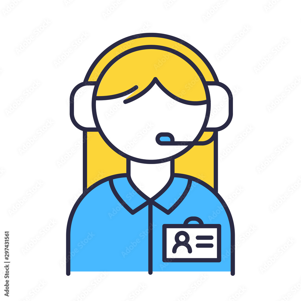 Consultant help color icon. Call center manager in headset. Phone dispatcher, customer support operator. Female sales agent. Helpline and telemarketing concept. Isolated vector illustration