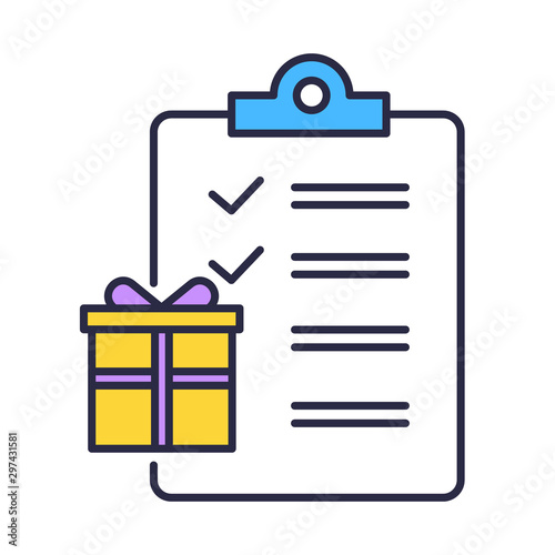 Gift list color icon. Buying presents. Merchandise and consumerism. Searching and preparing presents for holidays. Party celebration organization. Writing wish list. Isolated vector illustration