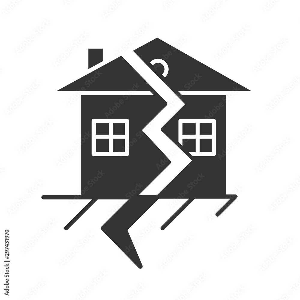 Earthquake glyph icon. Displacement of earth surface. Natural disaster. Geological fault. Seismic activity. Cracked ground and house. Silhouette symbol. Negative space. Vector isolated illustration Earthquake glyph icon. Displacement of earth surface. Natural disaster. Geological fault. Seismic activity. Cracked ground and house. Silhouette symbol. Negative space. Vector isolated illustration