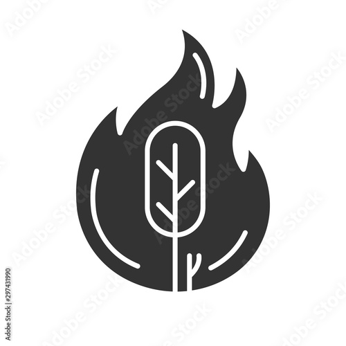 Wildfire glyph icon. Burning tree. Natural disaster. Ecological problem. Human negligence, arson. Environmental protection. Silhouette symbol. Negative space. Vector isolated illustration