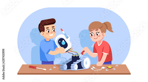 Robotics course for children flat vector illustration. Learning mechanics, electronics with constructor for kids. Young students learning bot mechanism. Boy and girl assemble robot cartoon characters