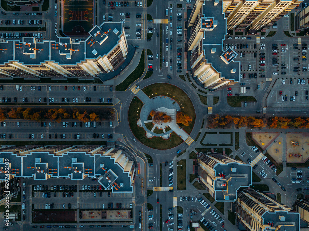 Road intersection in modern residential area in Voronezh, top view