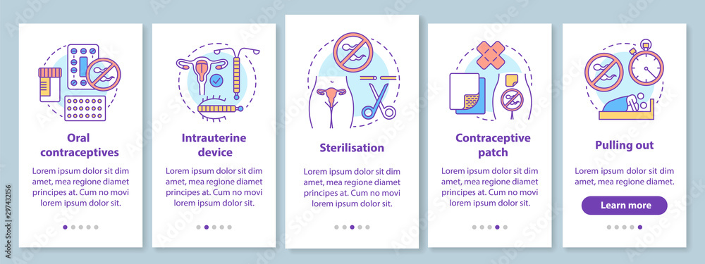 Safe sex onboarding mobile app page screen with linear concepts. Oral contraceptive. Intrauterine device. Five walkthrough steps graphic instructions. UX, UI, GUI vector template with illustrations Safe sex onboarding mobile app page screen with linear concepts. Oral contraceptive. Intrauterine device. Five walkthrough steps graphic instructions. UX, UI, GUI vector template with illustrations
