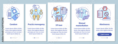 Safe sex onboarding mobile app page screen with linear concepts. Condom and abstinence. Practic monogamy. Five walkthrough steps graphic instructions. UX, UI, GUI vector template with illustrations