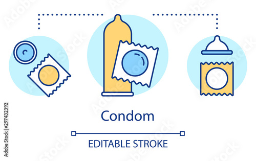 Condom concept icon. Contraceptive. Protection from unwanted pregnancy. Reducing spread sexually transmitted infections idea thin line illustration. Vector isolated outline drawing. Editable stroke