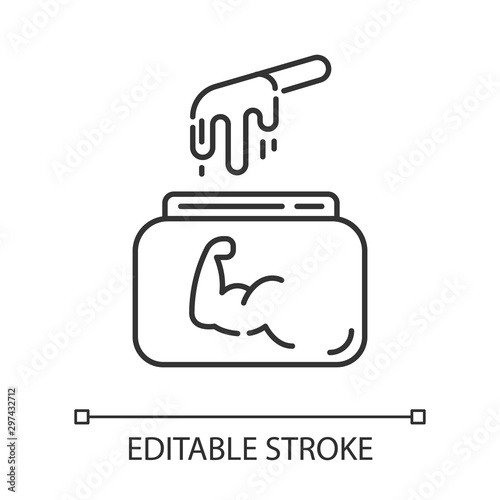 Hard waxing linear icon. Natural cold wax in jar with spatula. Body hair removal, depilation equipment. Thin line illustration. Contour symbol. Vector isolated outline drawing. Editable stroke