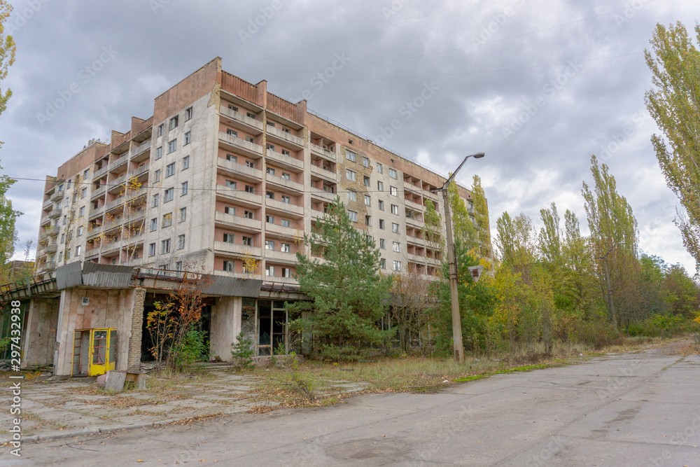 City ghost Pripyat. Chernobyl Exclusion Zone. The accident at the Chernobyl nuclear power plant. The consequences of the accident. Yellow radiation sign. Dangerous territory. Infection with radiation. City ghost Pripyat. Chernobyl Exclusion Zone. The accident at the Chernobyl nuclear power plant. The consequences of the accident. Yellow radiation sign. Dangerous territory. Infection with radiation.