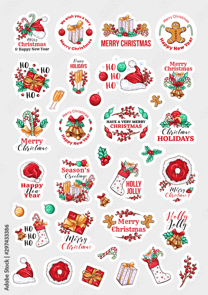 Naklejka premium Christmas holidays Christmas stichers clipart vector set. Winter season festive hand drawn cartoon colorful stickers with typography. Merry Xmas Icons, Ho Ho Ho greetings letterings. Isolated Badges