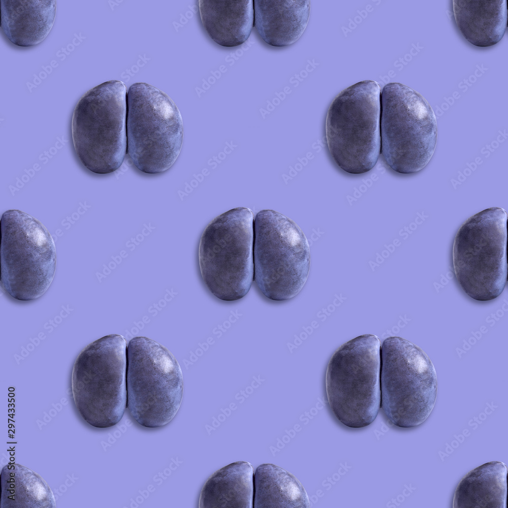 Seamless pattern with ugly plum on purple background. Tropical abstract background. Ugly food Seamless pattern with ugly plum on purple background. Tropical abstract background. Ugly food
