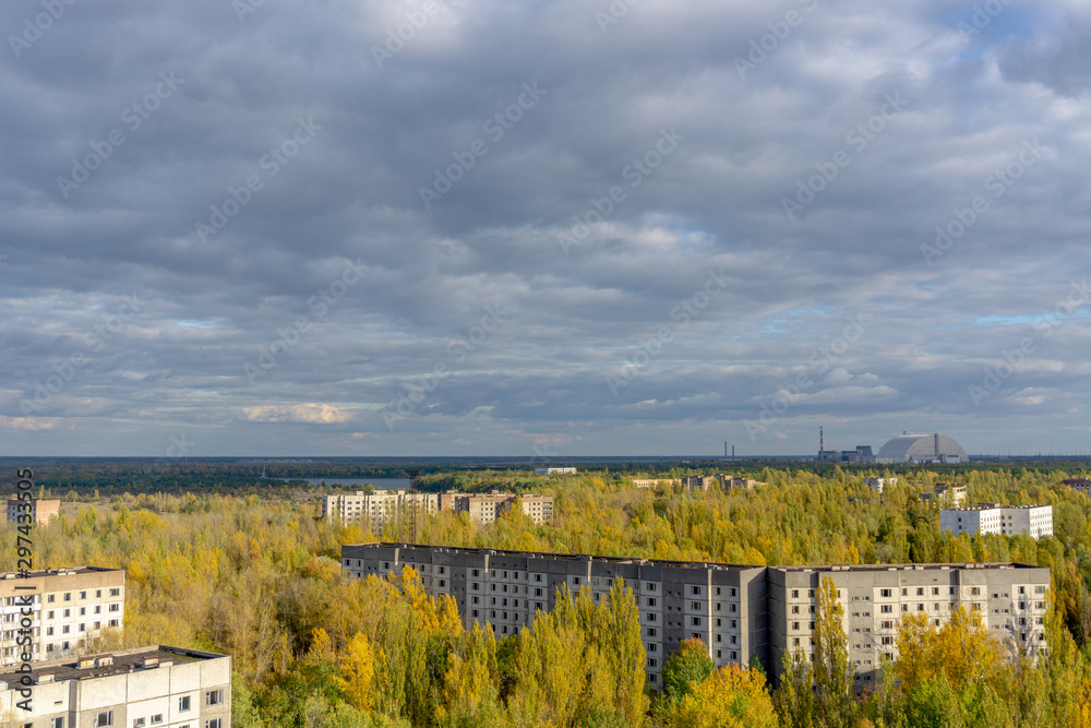 City ghost Pripyat. Chernobyl Exclusion Zone. The accident at the Chernobyl nuclear power plant. The consequences of the accident. Yellow radiation sign. Dangerous territory. Infection with radiation.