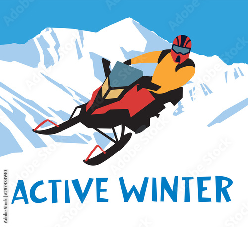 The inscription Active Winter. A man rides in the mountains on a snowmobile. Vector hand drawing