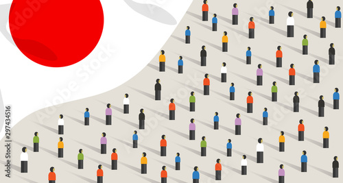 Japanese independence anniversary celebration and unity. People of Japan crowd group of people standing protesting together stand gathering in public