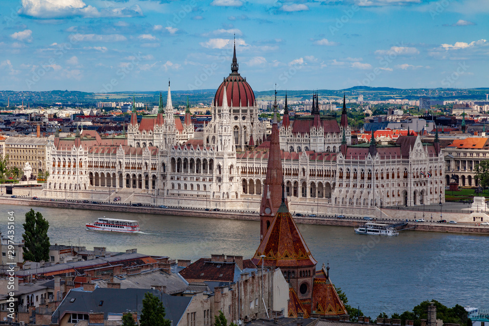 Panoramic view of the Hungarian Parliament Building and the Danube River