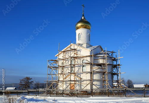 Russian orthodox church of Vladimir equal to the Apostles under construction. Village of Visim, Sverdlovsk region, Ural, Russia