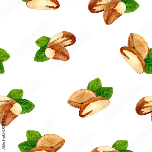 Brazil nut hand drawn watercolor illustration. Seamless pattern.