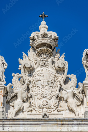 Madrid Royal Palace  Palacio Real  Top East facade. Coat of arms of Phillip V  with the collars of the Orders of the Golden Fleece and of the Holy Spirit.
