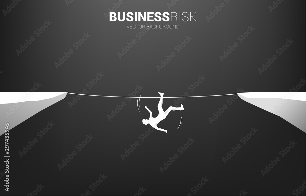 Silhouette of businessman falling down from rope walk way.Concept for business risk and fail - obrazy, fototapety, plakaty 
