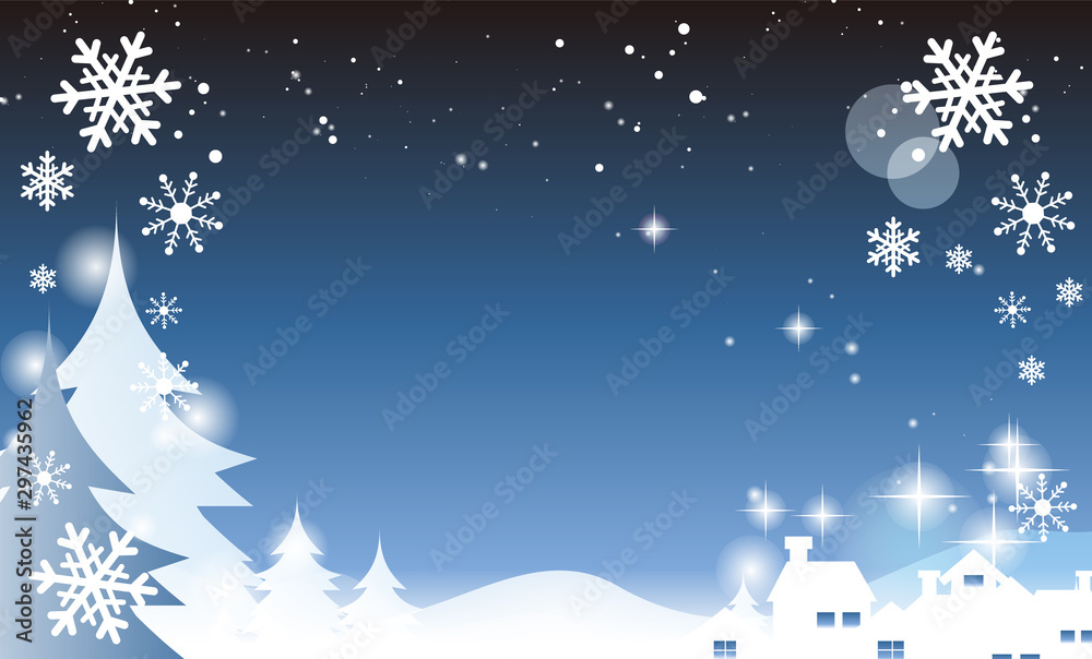 キラキラ夜空背景イラスト素材 冬 雪の結晶 冬景色 もみの木 クリスマス 寒中見舞い素材 Stock ベクター Adobe Stock