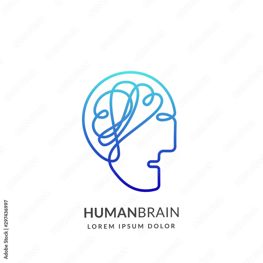 Human head and brain logo sign or emblem design template. Abstract continuous line creative idea vector icon.
