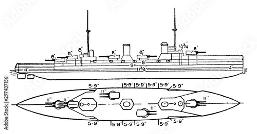 Fototapeta Japanese Imperial Navy Kongo Class Battlecruiser, vintage illustration