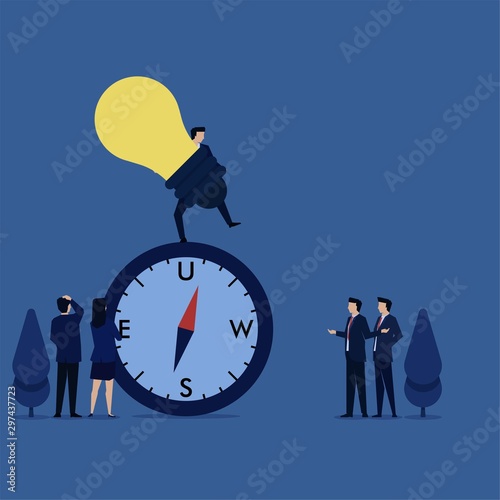 Business flat vector concept man hold idea above compass metaphor of search way with idea.