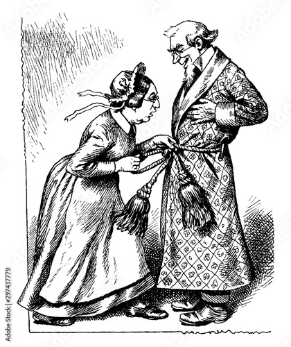 Woman Tying Man's Robe, vintage illustration