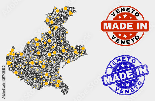 Mosaic gear Veneto region map and blue Made In scratched seal. Vector geographic abstraction model for mechanic, or political templates. Mosaic of Veneto region map combined of scattered cogwheel,