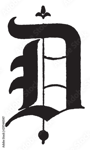 D, Old English title text, vintage illustration