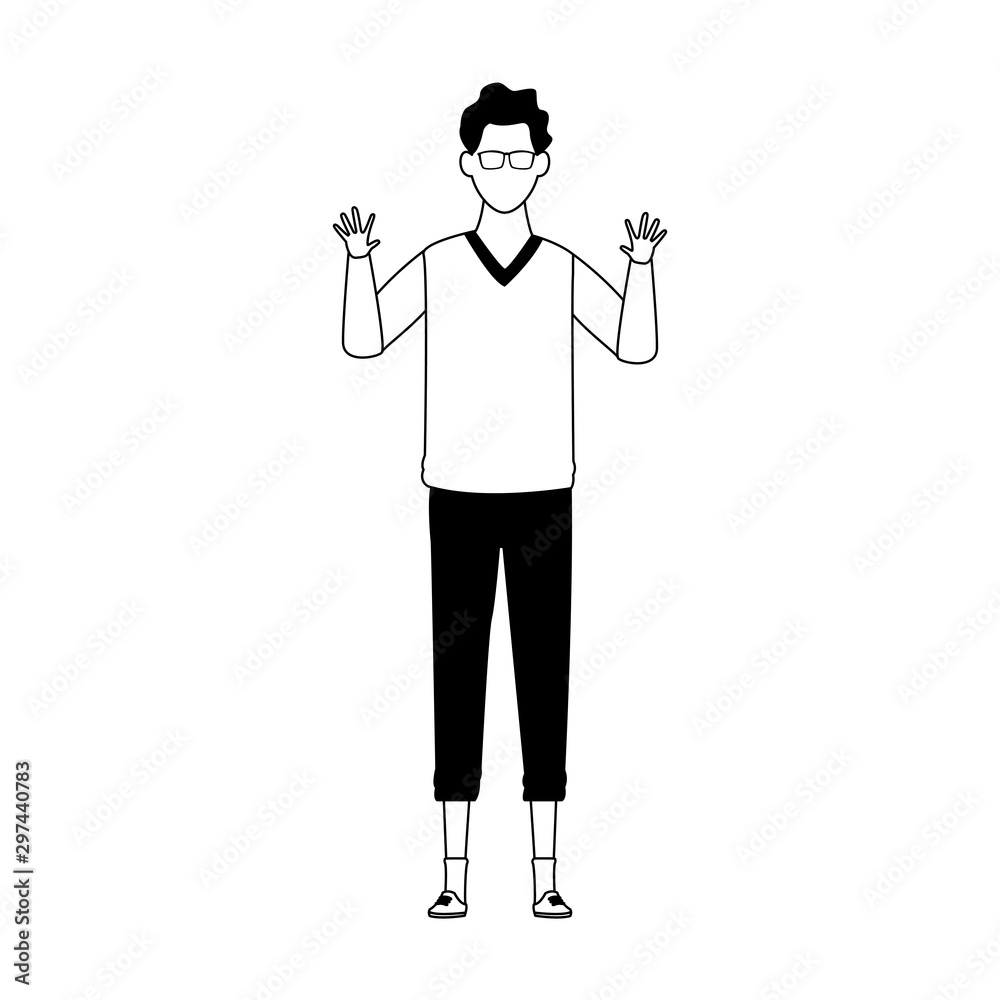 avatar man standing icon, black and white design