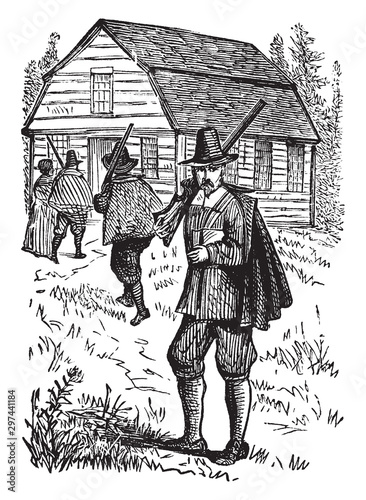 Puritan Church,vintage illustration