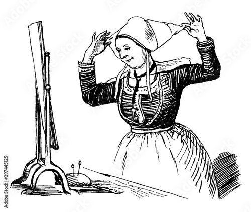 Woman Putting a Bonnet On, vintage illustration