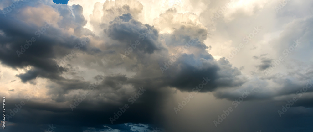 Panorama perfect Dark sky and dramatic black cloud before rain.rainy storm over rice fields Sisaket province Thailand. - obrazy, fototapety, plakaty 