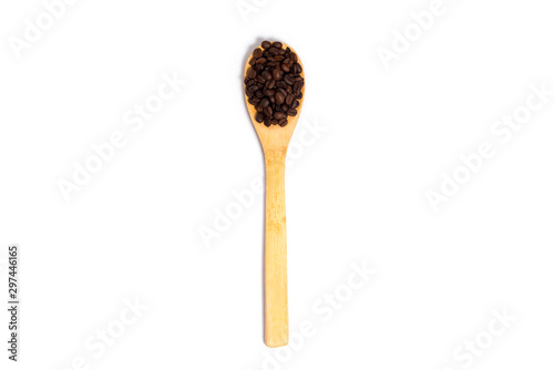 coffee beans and spoon wooden on white background