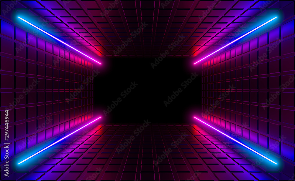 Fototapeta premium Multicolored neon lamps in a dark tunnel. Reflections on the walls.
