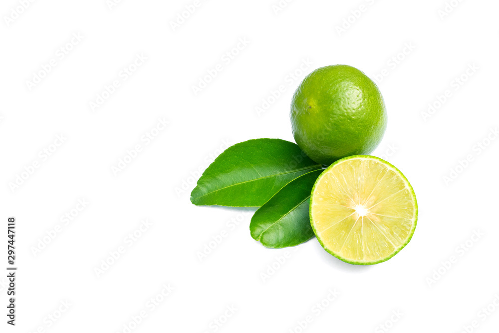 Set of  fresh lime. Green leaf lime isolated on white background.